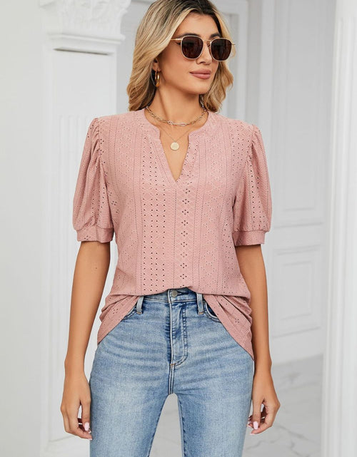 Load image into Gallery viewer, Eyelet Short Puff Sleeve Notched Neck Top
