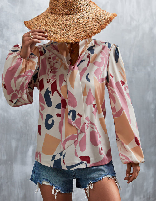 Load image into Gallery viewer, Printed Tie Neck Puff Sleeve Blouse
