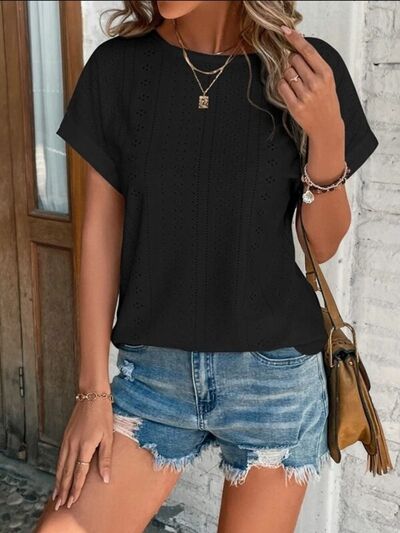 Load image into Gallery viewer, Eyelet Round Neck Short Sleeve T-Shirt
