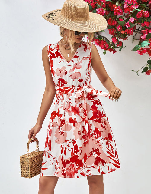 Load image into Gallery viewer, Floral V-Neck Tie Waist Sleeveless Dress
