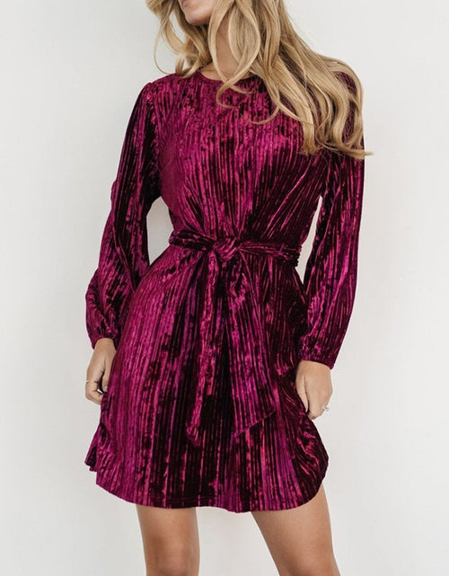 Load image into Gallery viewer, Velvet Round Neck Tie Waist Long Sleeve Mini Dress
