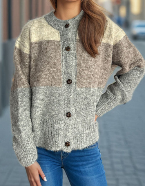 Load image into Gallery viewer, Color Block Round Neck Button Up Cardigan
