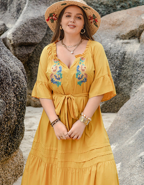 Load image into Gallery viewer, Plus Size Notched Tie Waist Half Sleeve Midi Dress
