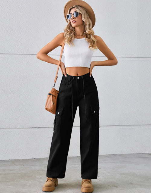 Load image into Gallery viewer, Drawstring Mid-Rise Waist Straight Cargo Jeans
