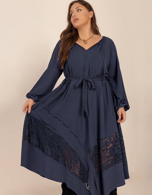 Load image into Gallery viewer, Plus Size Lace Detail Tie Neck Long Sleeve Midi Dress
