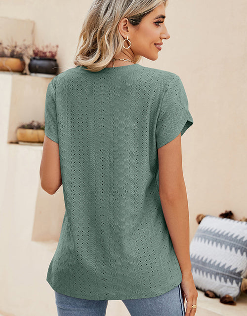 Load image into Gallery viewer, Eyelet V-Neck Petal Sleeve T-Shirt
