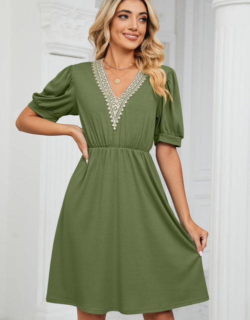 Load image into Gallery viewer, Contrast V-Neck Puff Sleeve Pocket Dress
