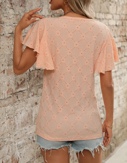 Load image into Gallery viewer, Eyelet Round Neck Flutter Sleeve Top
