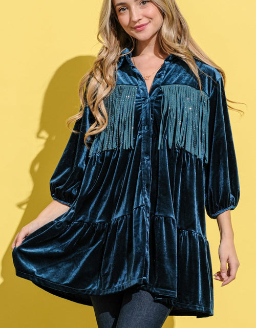 Load image into Gallery viewer, And The Why Fringe Detailed Velvet Shirt Dress
