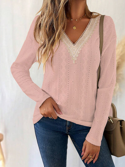 Load image into Gallery viewer, Eyelet V-Neck Dropped Shoulder T-Shirt
