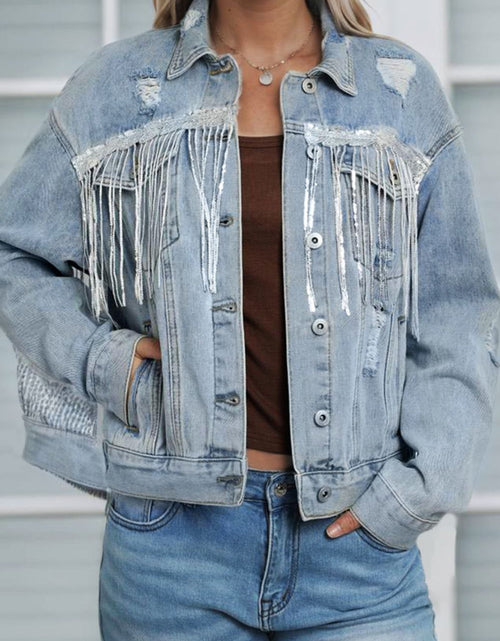 Load image into Gallery viewer, Sequin Fringe Trim Distressed Button Up Denim Jacket

