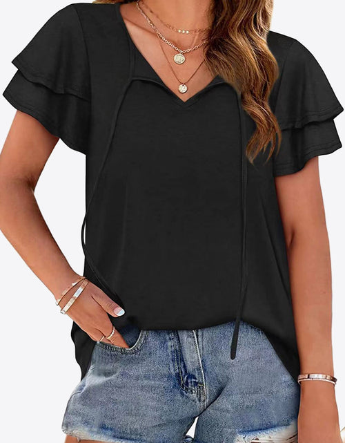 Load image into Gallery viewer, Tie-Neck Layered Flutter Sleeve Blouse
