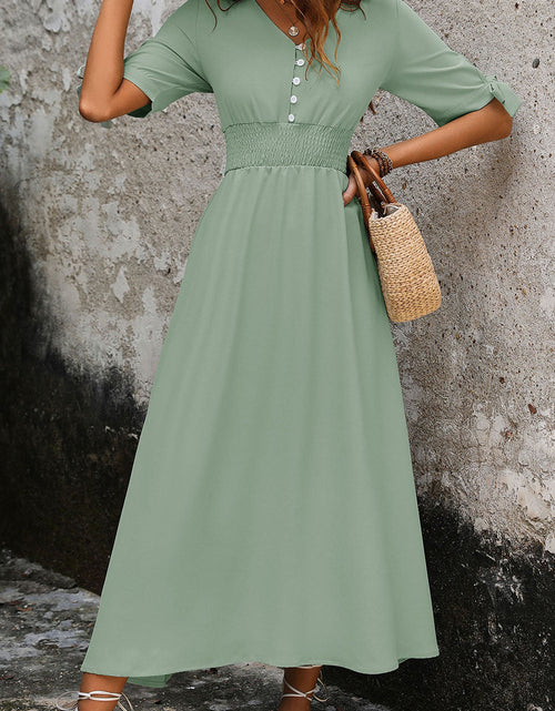 Load image into Gallery viewer, Perfee Smocked Quarter Button Short Sleeve Dress
