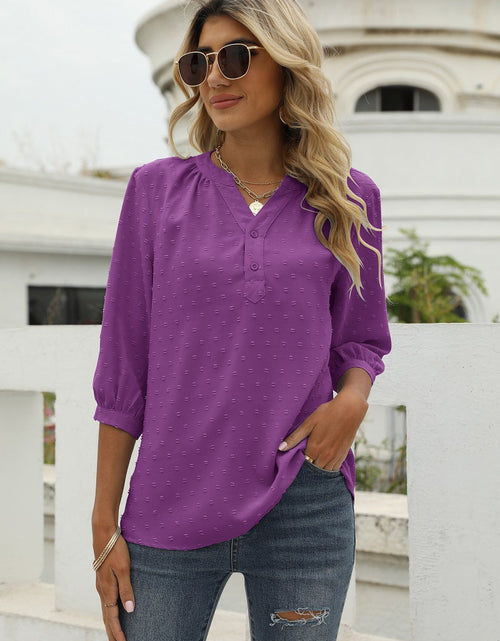 Load image into Gallery viewer, Swiss Dot Notched Neck Three-Quarter Sleeve Blouse
