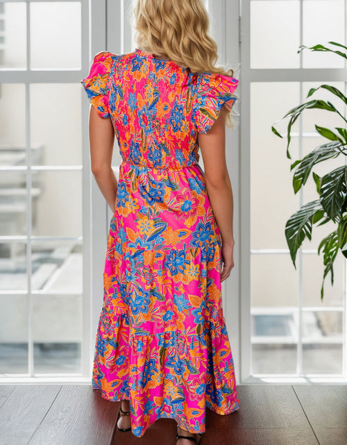 Load image into Gallery viewer, Printed V-Neck Cap Sleeve Pocketed Midi Dress
