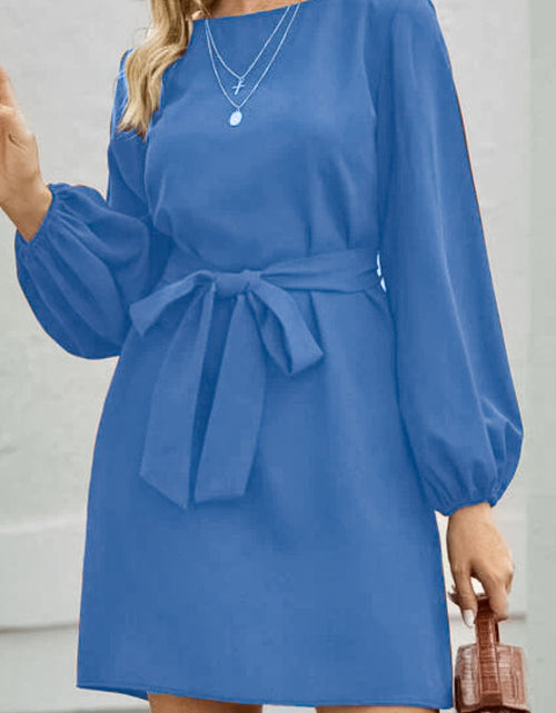 Load image into Gallery viewer, Tied Boat Neck Balloon Sleeve Mini Dress
