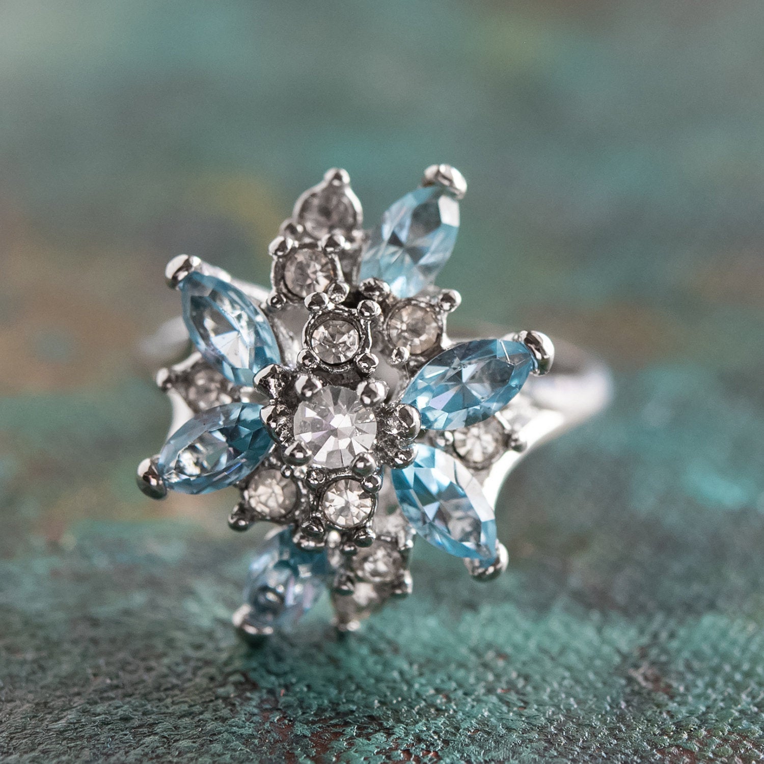Vintage Ring Aquamarine and Clear Swarovski Crystals 18k White Gold Unique Cluster Antique Womans #R1863-AQW Size: 4 by PVD Vintage Jewelry