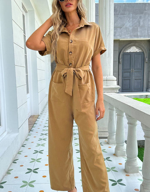 Load image into Gallery viewer, Shiny Tie Belt Buttoned Short Sleeve Collared Neck Jumpsuit

