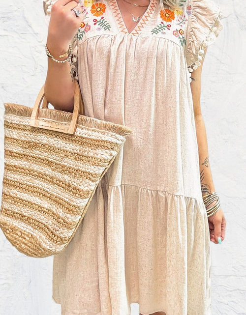 Load image into Gallery viewer, Floral Embroidery Pom Pom Ruffle Sleeves Mini Dress
