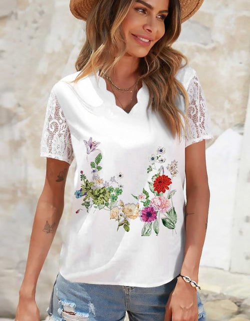 Load image into Gallery viewer, Shiny Floral Graphic Scalloped V-Neck Top
