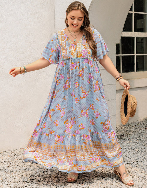 Load image into Gallery viewer, Plus Size Printed Tie Neck Flutter Sleeve Maxi Dress
