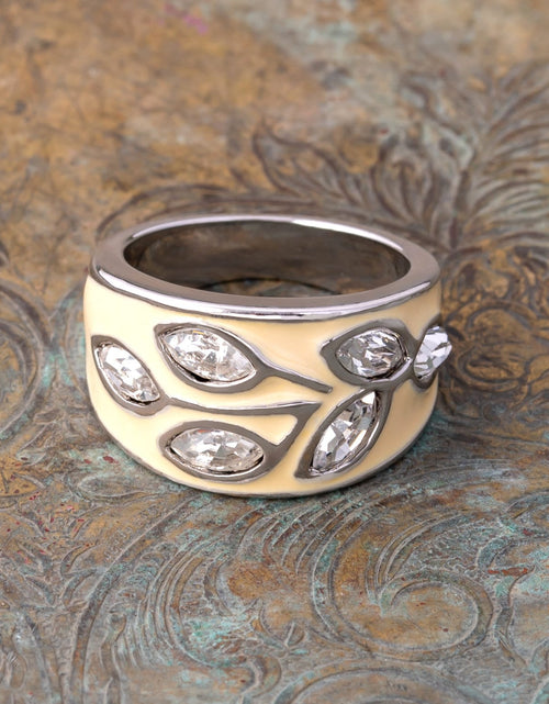 Load image into Gallery viewer, Vintage 1980's Black Enamel Ring with Clear Austrian Crystals Leaf Motif 18k Gold Plated by PVD Vintage Jewelry
