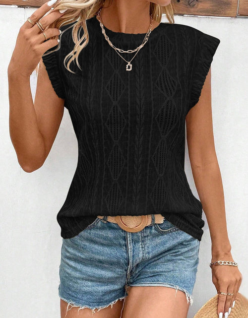 Load image into Gallery viewer, Openwork Round Neck Cap Sleeve Top
