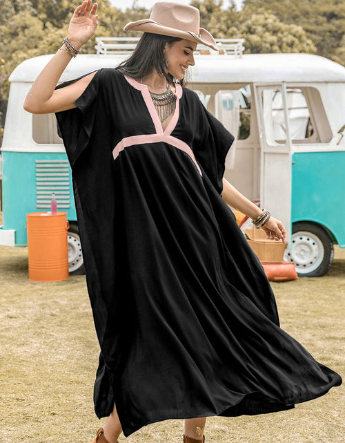 Load image into Gallery viewer, Contrast Trim Notched Slit Short Sleeve Midi Dress
