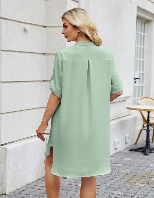 Load image into Gallery viewer, Notched Long Sleeve Mini Shirt Dress
