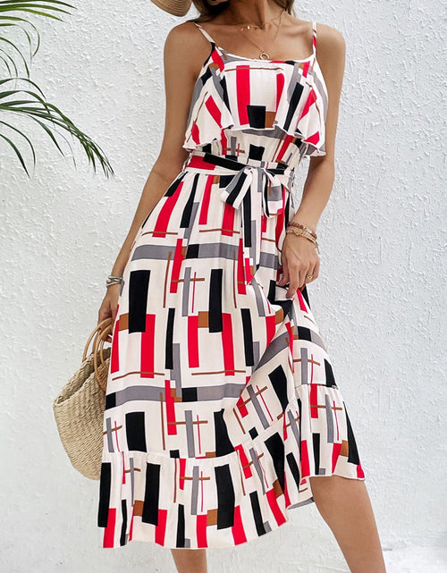 Load image into Gallery viewer, Perfee Ruffled Printed Tie Waist Midi Dress
