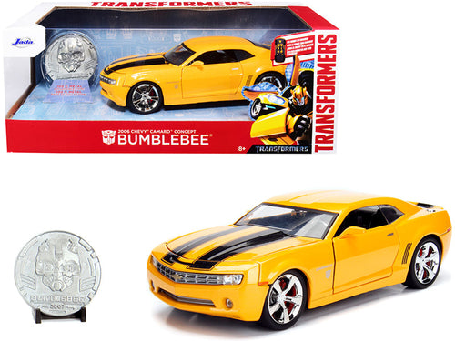 Load image into Gallery viewer, 2006 Chevrolet Camaro Concept Yellow Bumblebee with Robot on Chassis and Collectible Metal Coin "Transformers" Movie 1/24 Diecast Model Car by Jada
