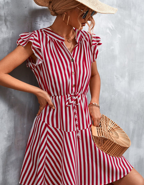Load image into Gallery viewer, Ruffled Striped Cap Sleeve Mini Dress
