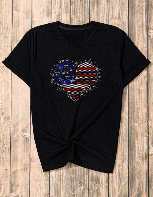 Load image into Gallery viewer, Rhinestone Heart Round Neck Short Sleeve T-Shirt
