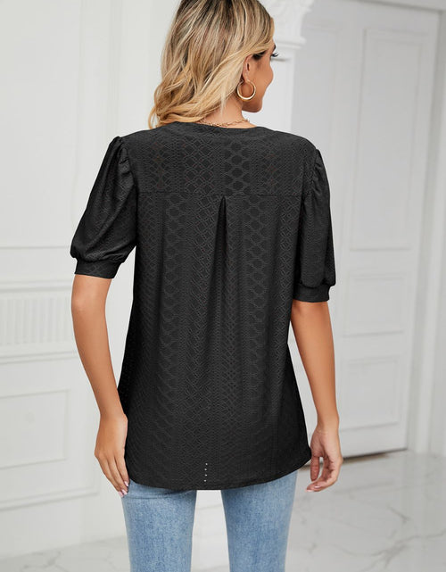 Load image into Gallery viewer, Eyelet Short Puff Sleeve Notched Neck Top
