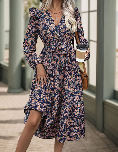 Load image into Gallery viewer, Perfee Printed Surplice Long Sleeve Midi Dress
