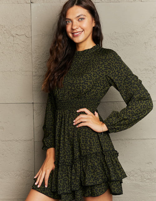 Load image into Gallery viewer, Honey Leopard Smock Waist Long Sleeve Dress
