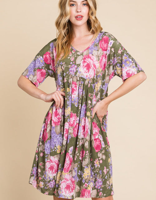 Load image into Gallery viewer, BOMBOM Flower Print V-Neck Ruched Dress
