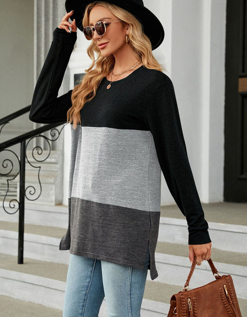 Load image into Gallery viewer, Color Block Round Neck Long Sleeve Slit T-Shirt
