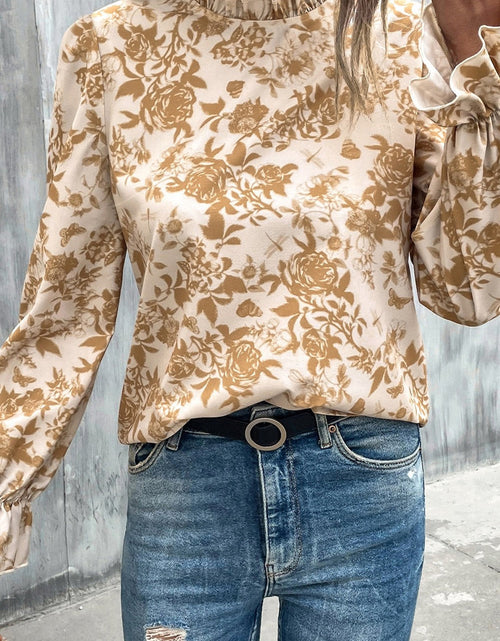 Load image into Gallery viewer, Floral Print Mock Neck Flounce Sleeve Blouse
