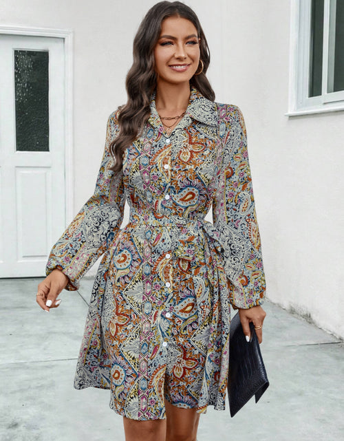 Load image into Gallery viewer, Printed Collared Neck Long Sleeve Dress
