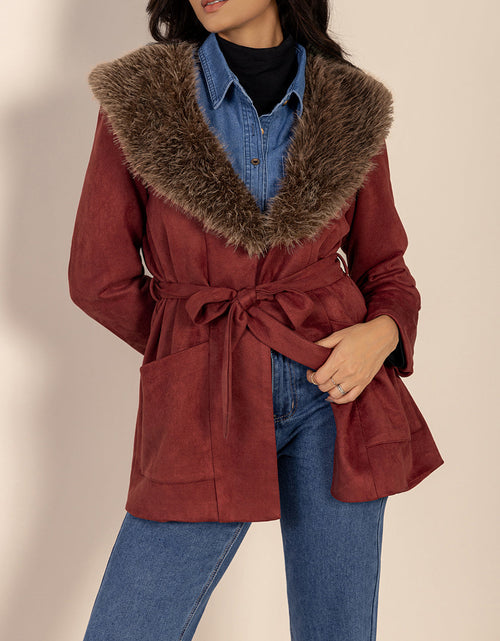 Load image into Gallery viewer, Fuzzy Collared Neck Tie Waist Jacket
