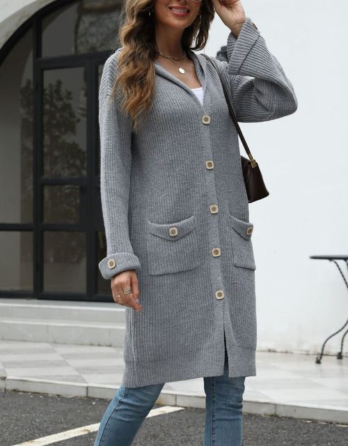 Load image into Gallery viewer, Pocketed Button Up Long Sleeve Hooded Cardigan
