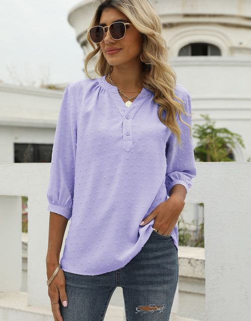 Load image into Gallery viewer, Swiss Dot Notched Neck Three-Quarter Sleeve Blouse
