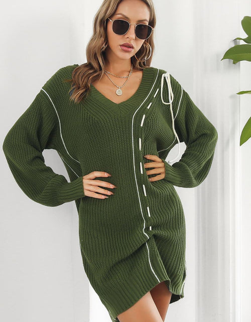 Load image into Gallery viewer, Contrast V-Neck Sweater Dress
