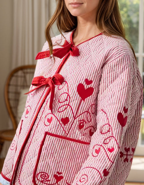 Load image into Gallery viewer, Embroidered Tied Striped Round Neck Coat
