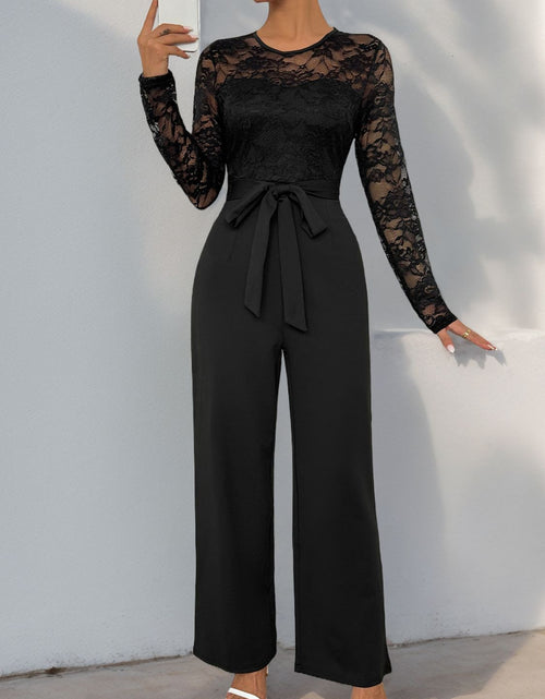 Load image into Gallery viewer, Perfee Lace Round Neck Long Sleeve Jumpsuit

