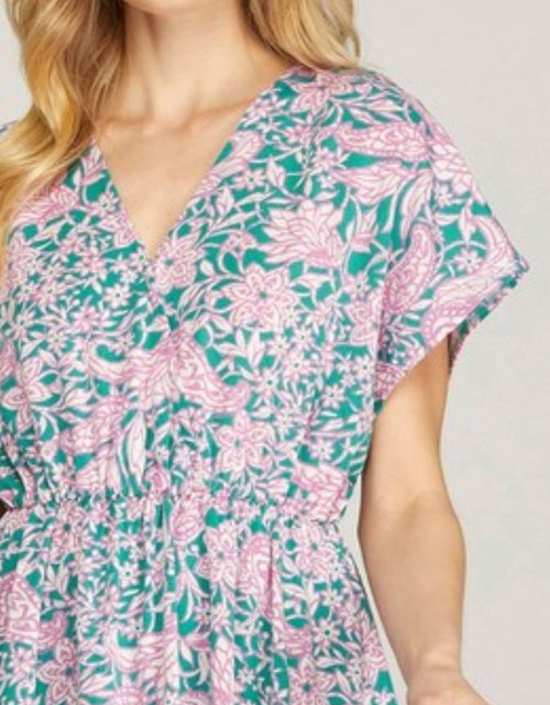 Load image into Gallery viewer, She + Sky Full Size Ruffled Hem Printed Surplice Kimono Sleeve Mini Dress Plus Size
