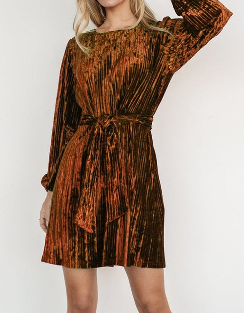 Load image into Gallery viewer, Velvet Round Neck Tie Waist Long Sleeve Mini Dress
