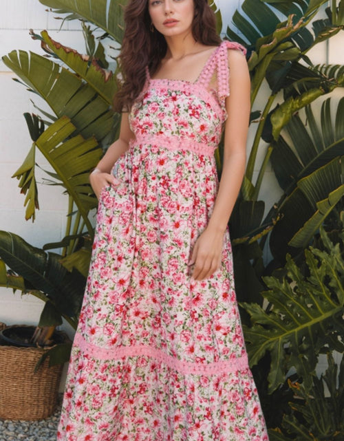 Load image into Gallery viewer, Floral Lace Tied Strap Square Neck Dress with Pockets
