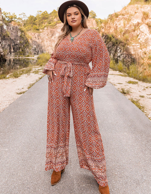 Load image into Gallery viewer, Plus Size Printed V-Neck Tie Front Balloon Sleeve Jumpsuit
